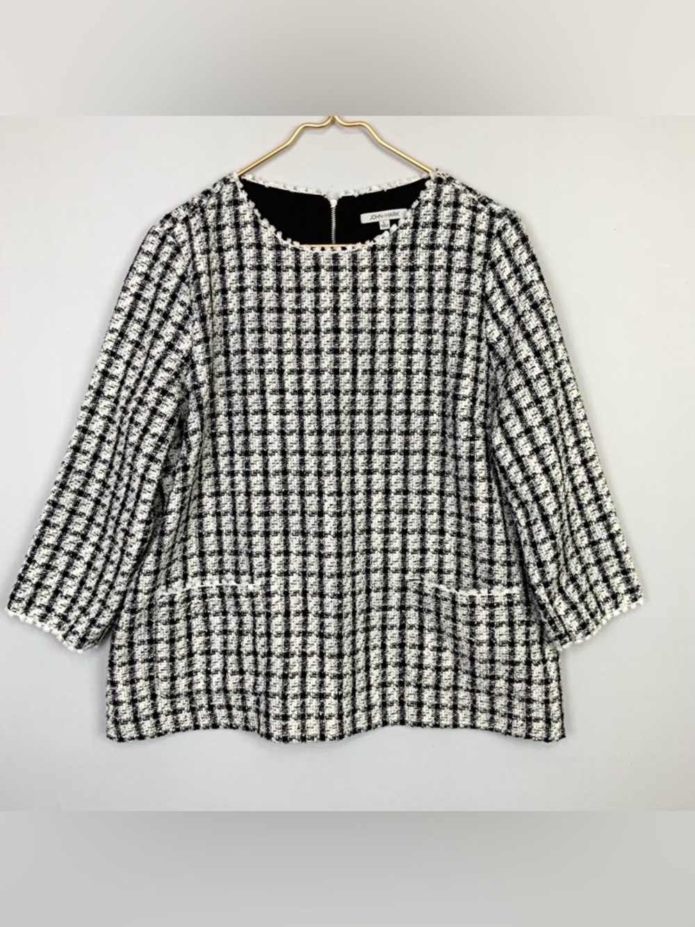 JOHN MARK Large Black White Houndstooth Tweed Boucle Tunic Top Back Zip Pockets